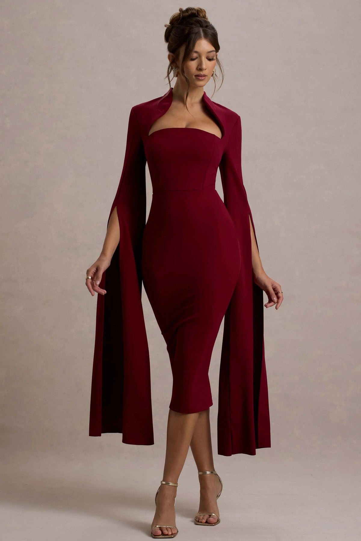 Linden | Burgundy Bodycon Cape-Sleeve Midi Dress