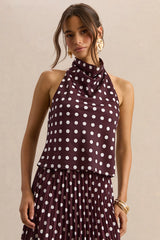 Lirona | Brown Polka-Dot Satin High-Neck Top