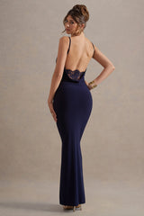 Francoise | Navy Cowl Neck Backless Maxi Dress With Lace Insert