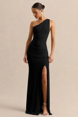 Belrose | Black Asymmetric-Neck Maxi Dress With Gold-Detail And Front-High Split