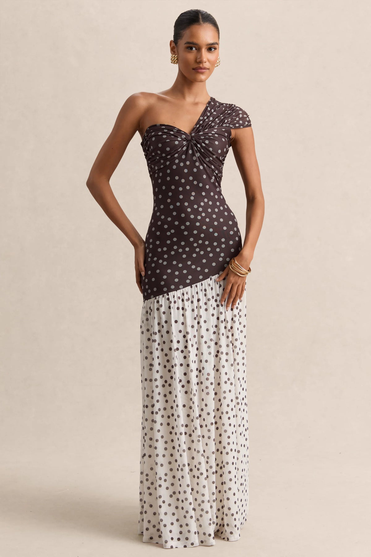 Motira | Brown Polka-Dot Asymmetric-Neck Maxi Dress With Asymmetric Drop-Waist