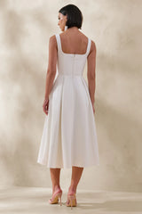 Maelle | White Scoop-Neck Midi Dress With Corsage Detailing