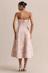 Amaris | Pink Embellished Floral Bandeau Skater Midi Dress