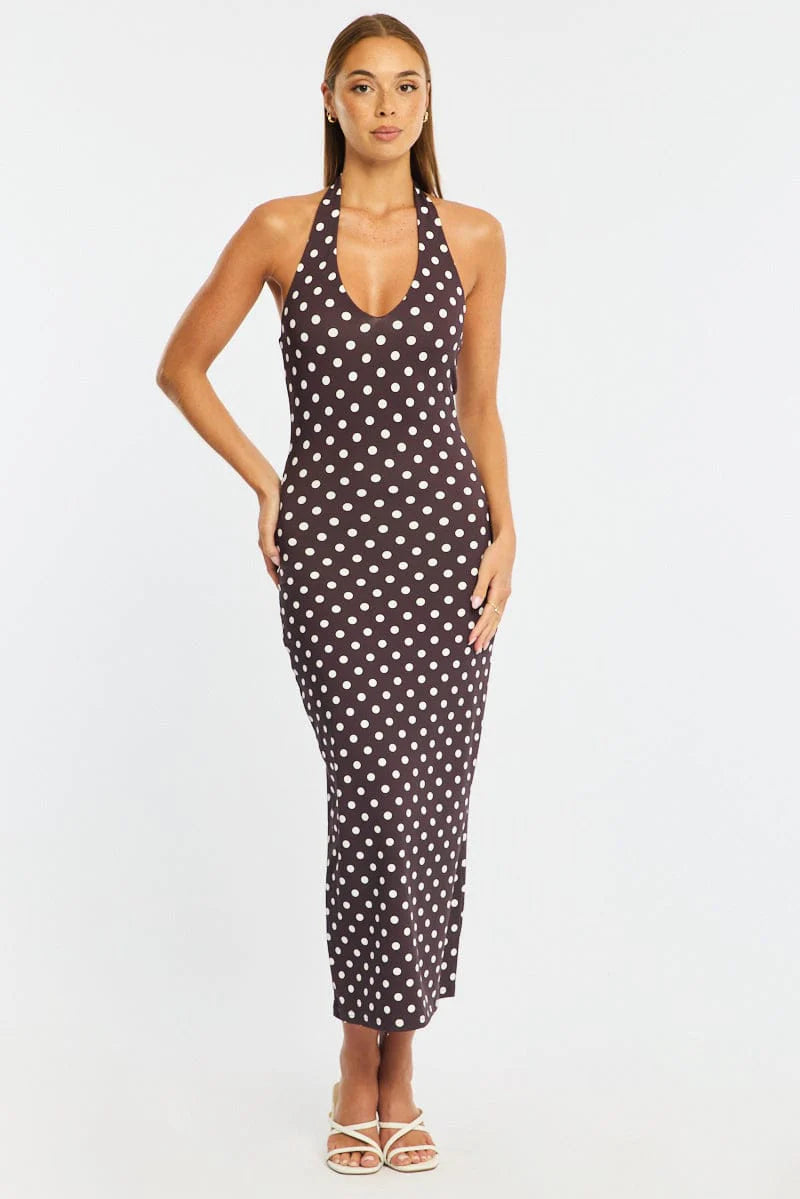 Brown Polka Dot Bodycon Dress Halter Neck