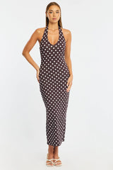 Brown Polka Dot Bodycon Dress Halter Neck