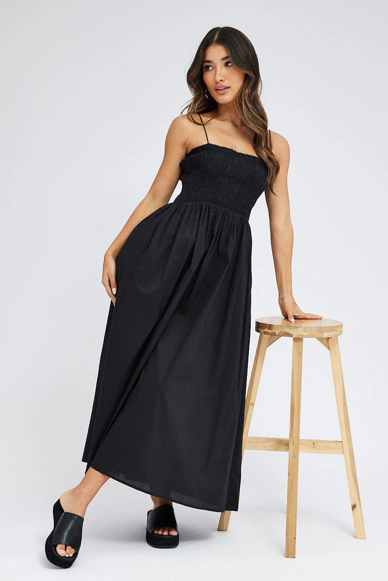 Black Maxi Dress Shirred Bust Poplin