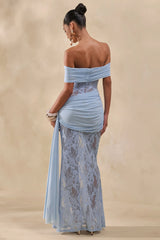 Enavine | Powder Blue Lace Bardot-Neck Maxi Dress With Gathered-Detailing And Sash
