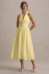 Jezebel | Yellow Lace Plunge-Neck Collared Midi Dress