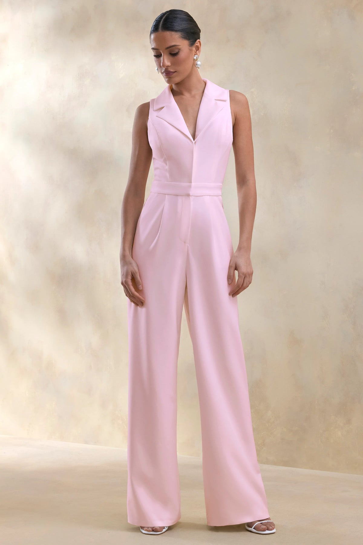 Brillora | Light Pink Plunge-Neck Tailored Jumpsuit