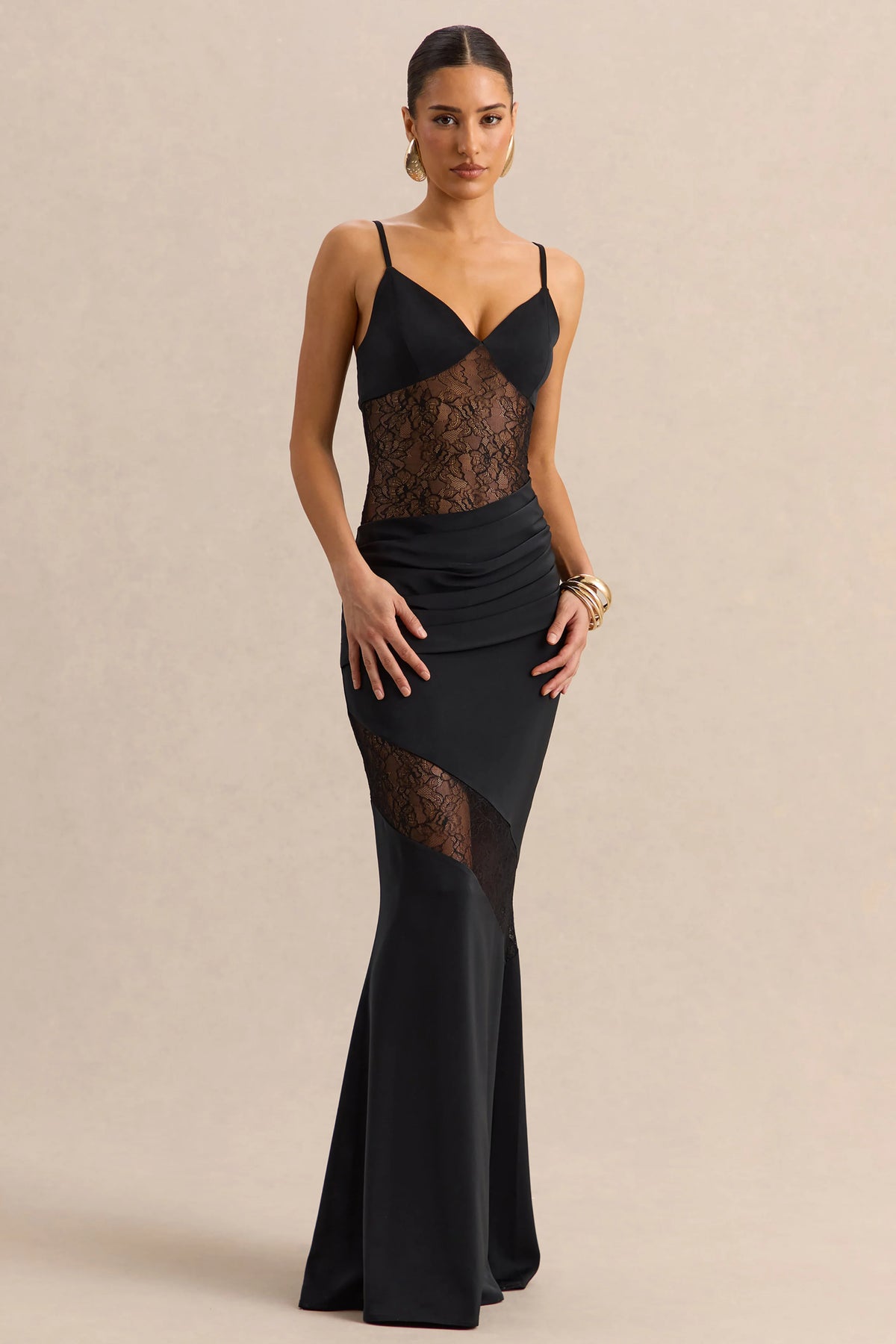 Belvair | Black Satin And Lace Maxi Dress With Draped-Detail