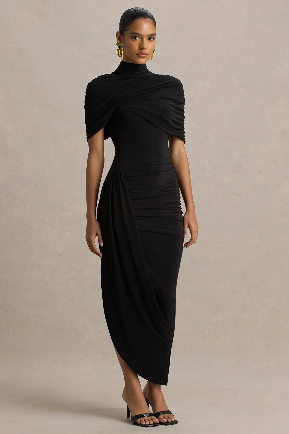 Enchant | Black Asymmetric Twisted Cape Midi Dress