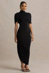 Enchant | Black Asymmetric Twisted Cape Midi Dress