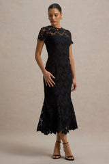 Clarissa | Black Lace Short-Sleeve Midi Dress