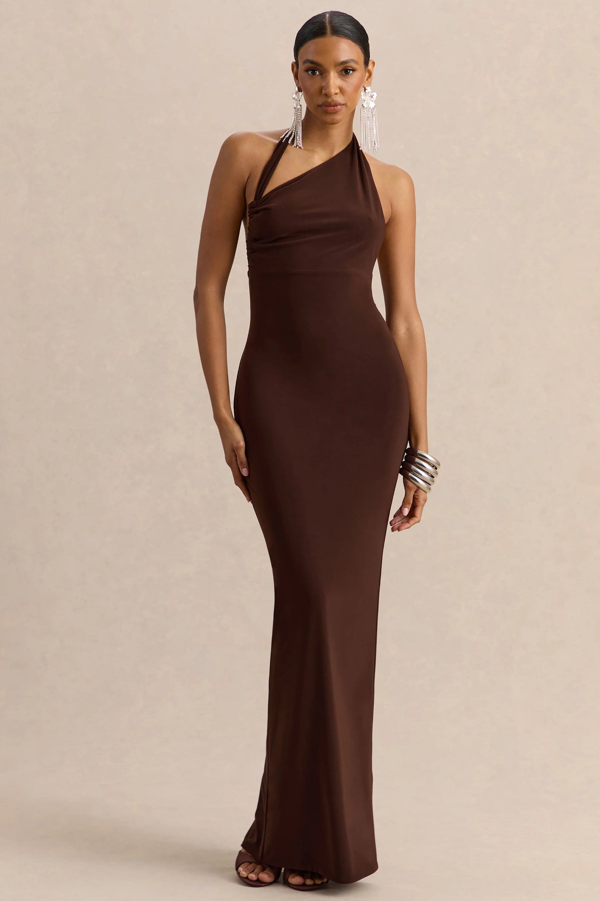 Delisse | Brown Asymmetric-Neck Maxi Dress