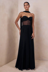 Lyvoria | Black Bandeau Maxi Dress With Mesh-Detail And Scarf