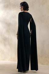 Ulissia | Black V-Neck Maxi Dress With Cape-Sleeves