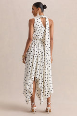 Caluna | White And Black Polka Dot Satin Asymmetric-Neck Midi Dress With Scarf-Detail