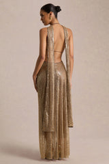 Anele | Gold Sequin High-Neck Sheer Maxi Dress With Sash And Open-Back