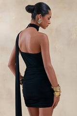 Jisella | Black Asymmetric-Neck Thong Bodysuit With Scarf