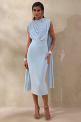 Lysandria | Powder Blue High-Neck Midi Dress With Draped-Detailing