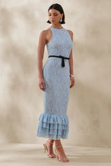 Vionna | Blue Lace High-Neck Midi Dress With Bow-Belt Detail