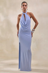 Loella | Light Blue Tied Extreme Plunge Cowl-Neck Thong Bodysuit