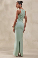 Anthelia | Mint Lace And Satin Racer-Neck Maxi Dress With Draped-Detail