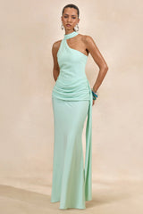 Aevina | Mint Satin Asymmetric-Neck Maxi Dress With Scarf-Detail