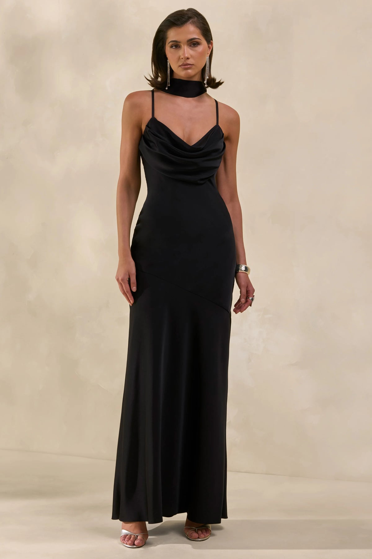 Anarelle | Black Satin Cowl-Neck Maxi Dress