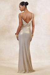 Galaxy Shimmer | Champagne Bias Cut Cowl Front Maxi Dress