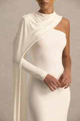 Dawn | Cream High-Neck Maxi Dress With One Long Cape-Sleeve