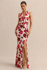 Flossie | Cream And Pink Floral Print Plunge-Neck Maxi Dress
