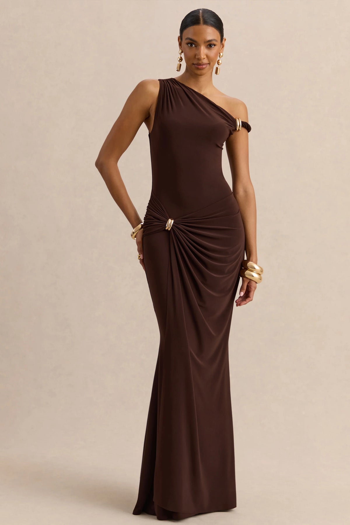 Caelia | Brown Asymmetric-Neck Maxi Dress With Gold-Detailing And Sash