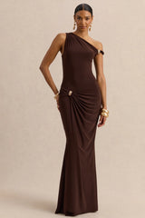 Caelia | Brown Asymmetric-Neck Maxi Dress With Gold-Detailing And Sash