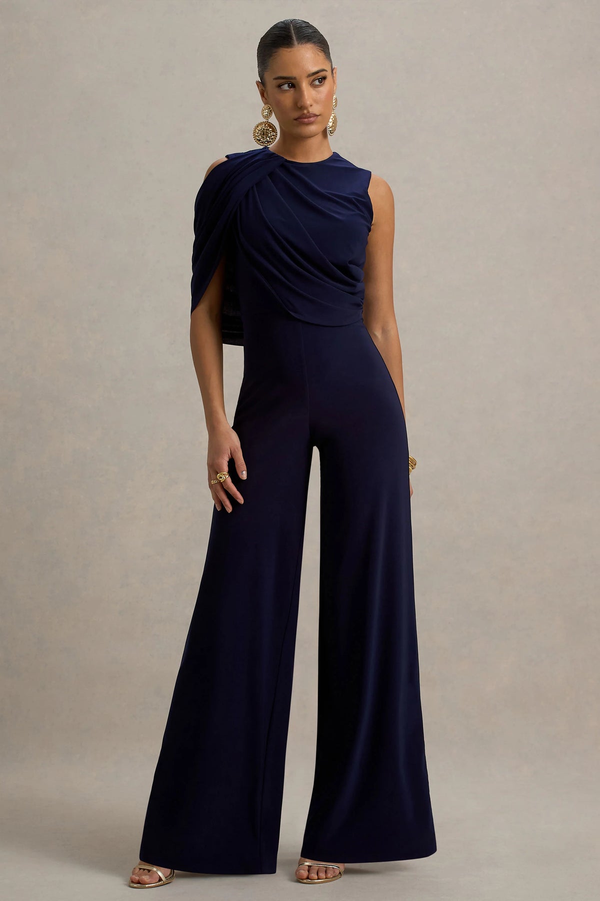 Opulence | Navy Jumpsuit With Cape Sleeve and Draped Details