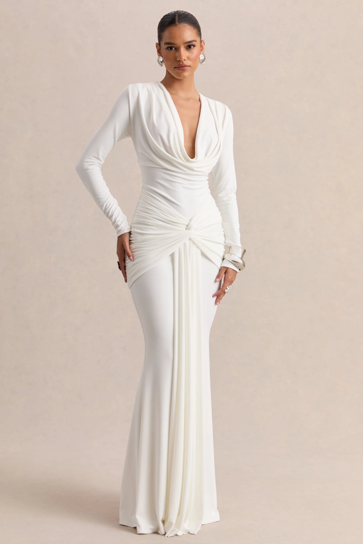 Palerma | White Draped Cowl-Neck Maxi-Dress With Gathered-Detailing