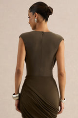 Kessia | Khaki Wide-Neck Thong Bodysuit With Mesh Detail