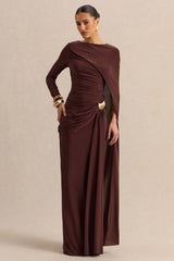 Orintha | Brown Slashed-Neck Maxi Dress With Cape And Gold-Detail