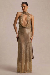 Anele | Gold Sequin High-Neck Sheer Maxi Dress With Sash And Open-Back