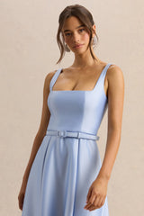 Crystaline | Powder Blue Satin Square-Neck Midi Dress