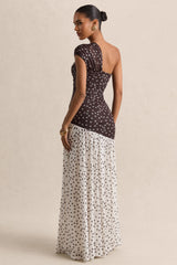 Motira | Brown Polka-Dot Asymmetric-Neck Maxi Dress With Asymmetric Drop-Waist