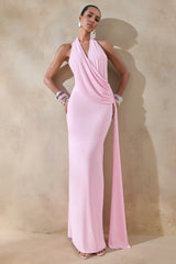 Rosina | Pink Halter-Neck Draped Maxi Dress With Sash