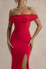 Law of Attraction | Red Bardot Draped Split Maxi Dress