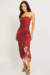 Red Floral Bodycon Dress Mesh Floral