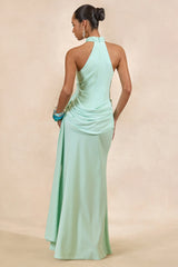 Aevina | Mint Satin Asymmetric-Neck Maxi Dress With Scarf-Detail