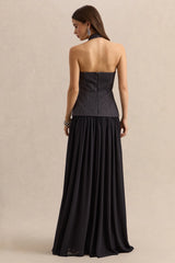 Zarina | Black & White Polka-Dot Plunge-Neck Maxi Dress