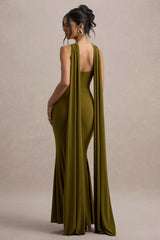 Rhoda | Green Twist Halter-Neck Cape Maxi Dress