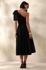 Meria | Black Asymmetric-Neck Midi Dress With Bow-Sleeve