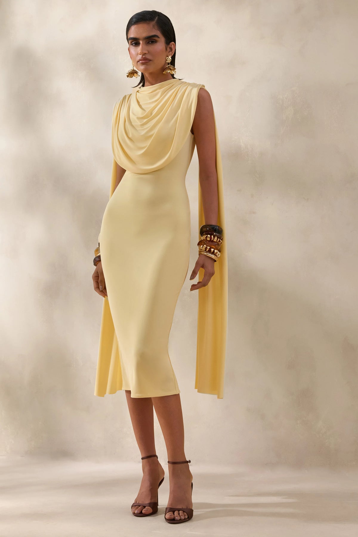 Lysandria | Lemon High-Neck Midi Dress With Draped-Detailing