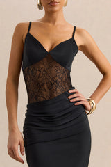 Belvair | Black Satin And Lace Maxi Dress With Draped-Detail